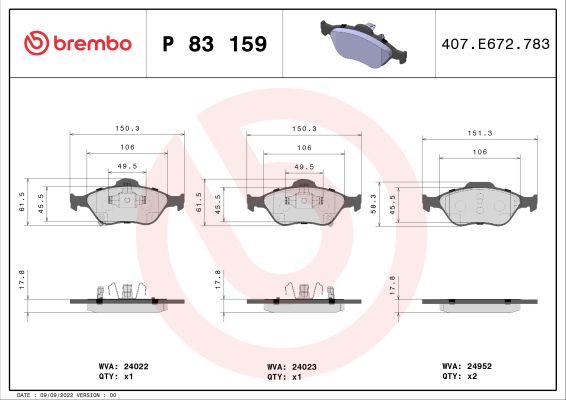 A.B.S. P 83 159 BREMBO Bremsbelagsatz, Scheibenbremse